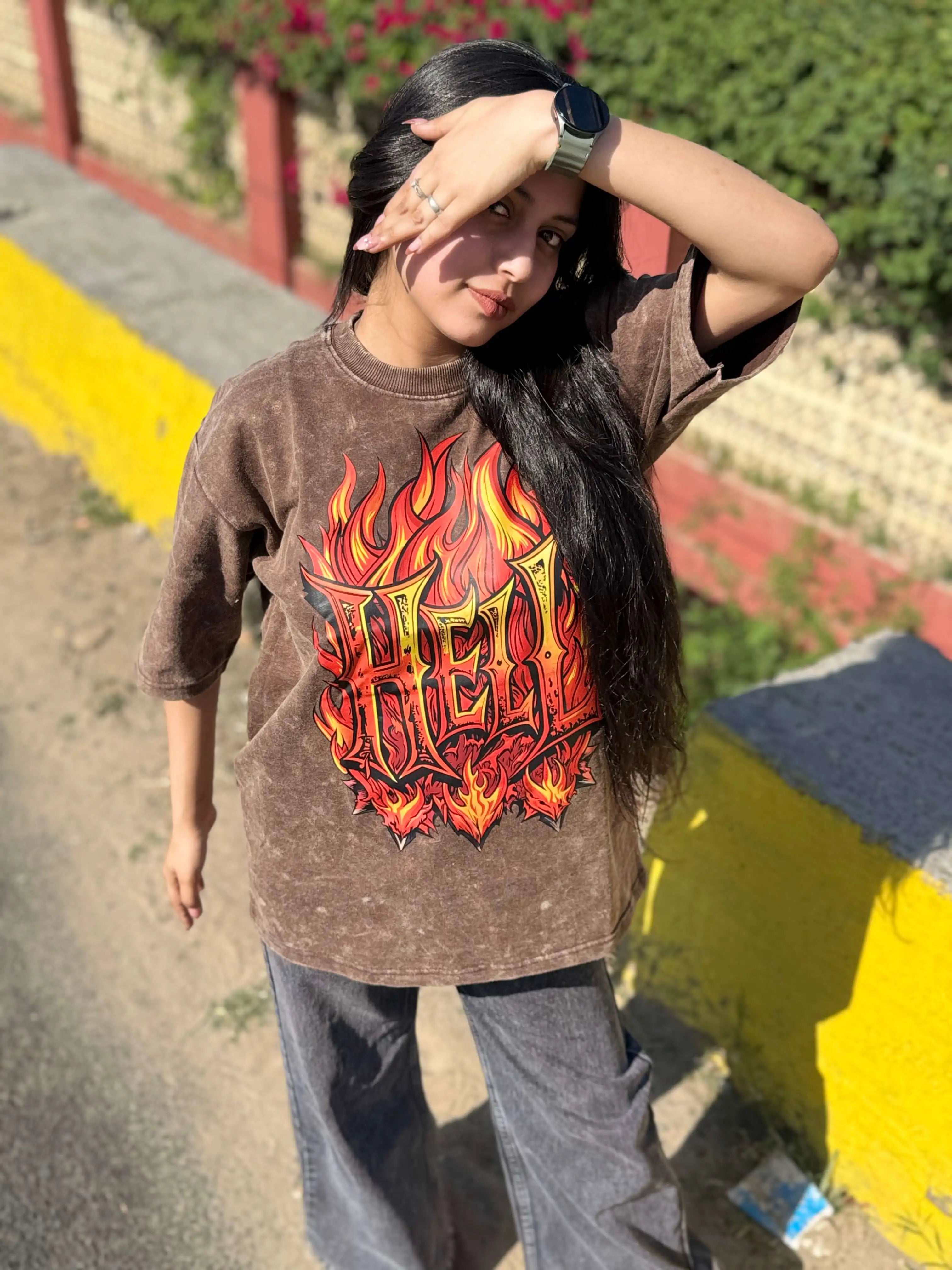 Hell Flames Oversized Acid Wash Tee