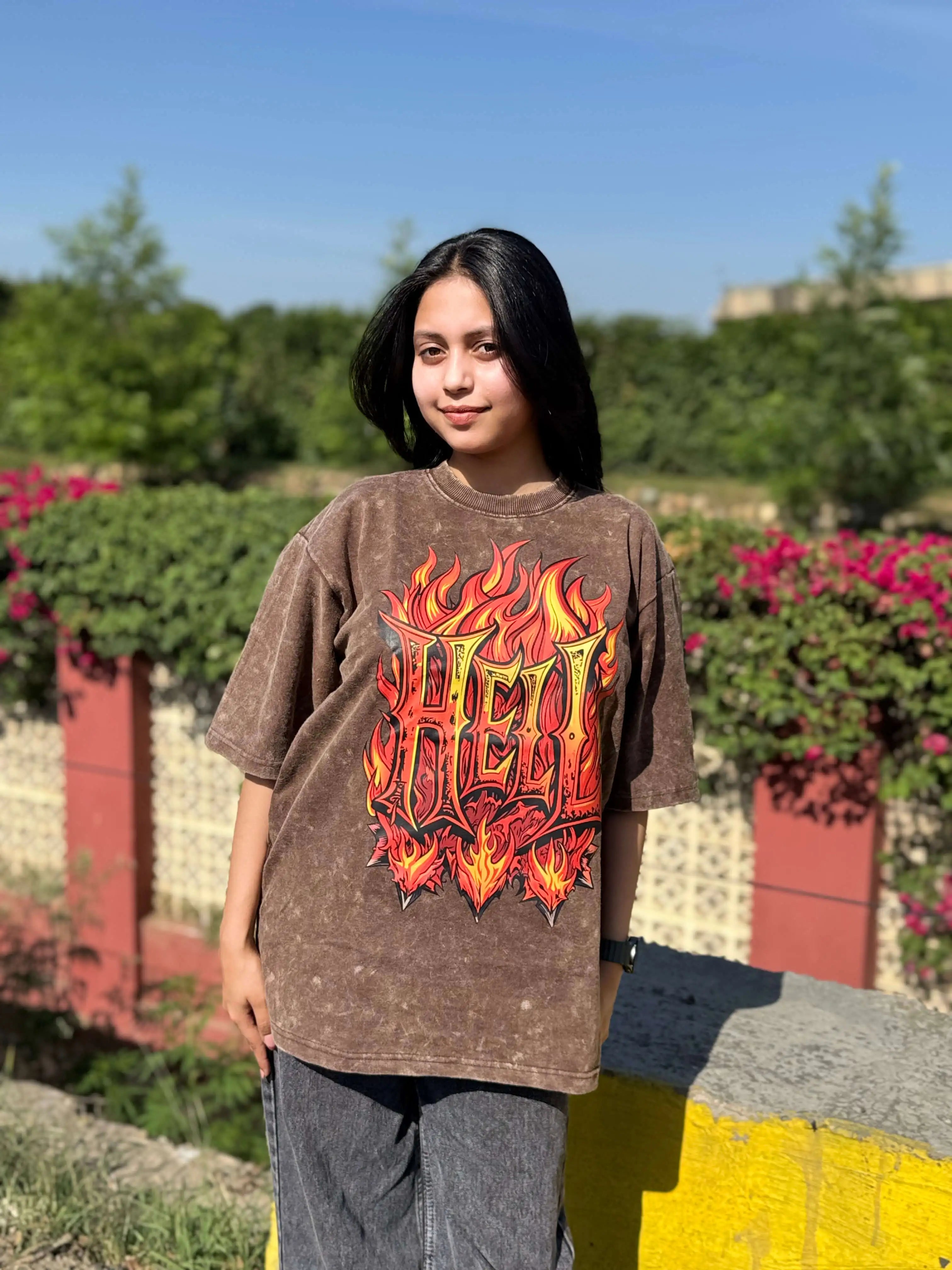 Hell Flames Oversized Acid Wash Tee