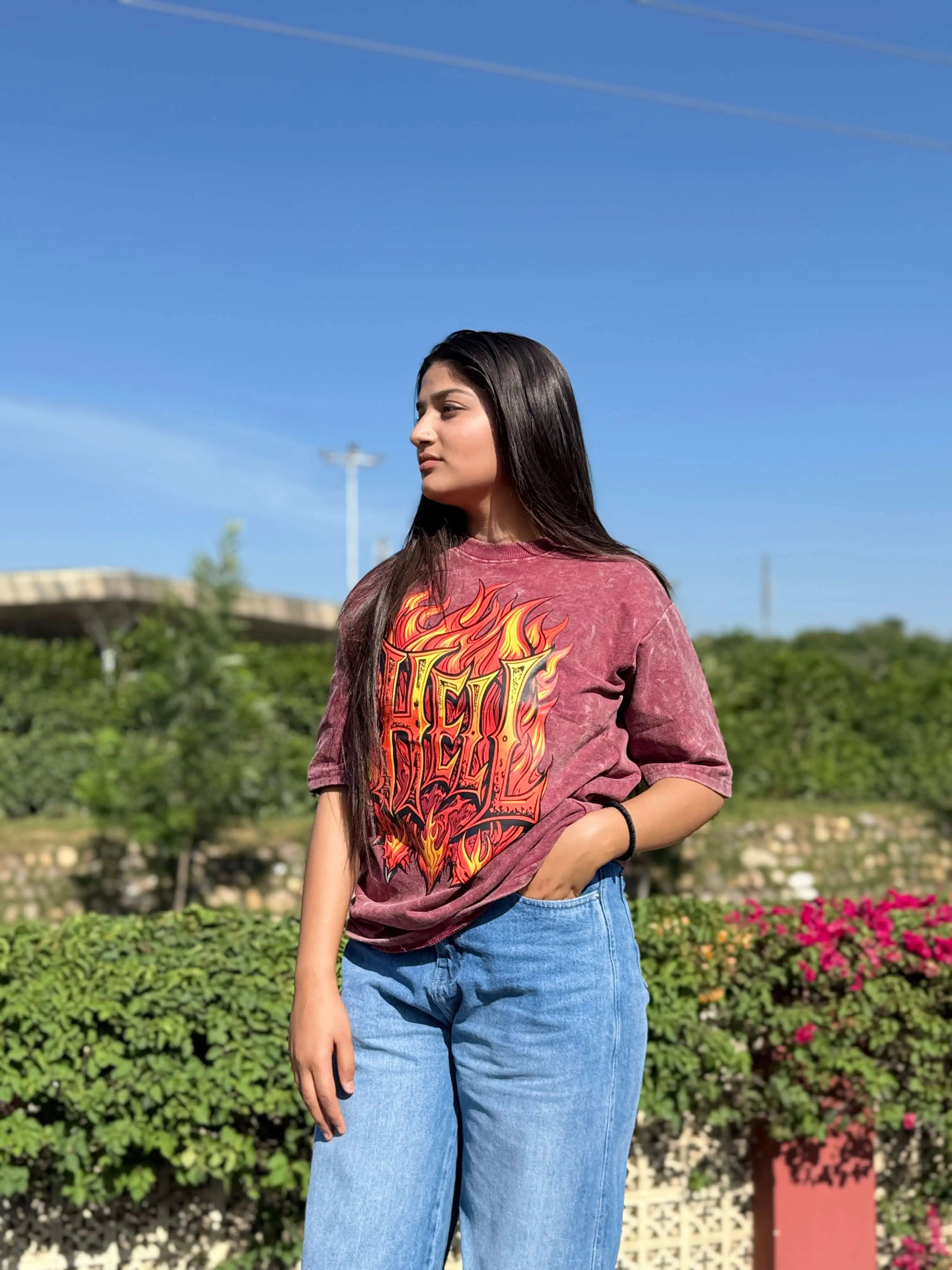 Hell Flames Oversized Acid Wash Tee