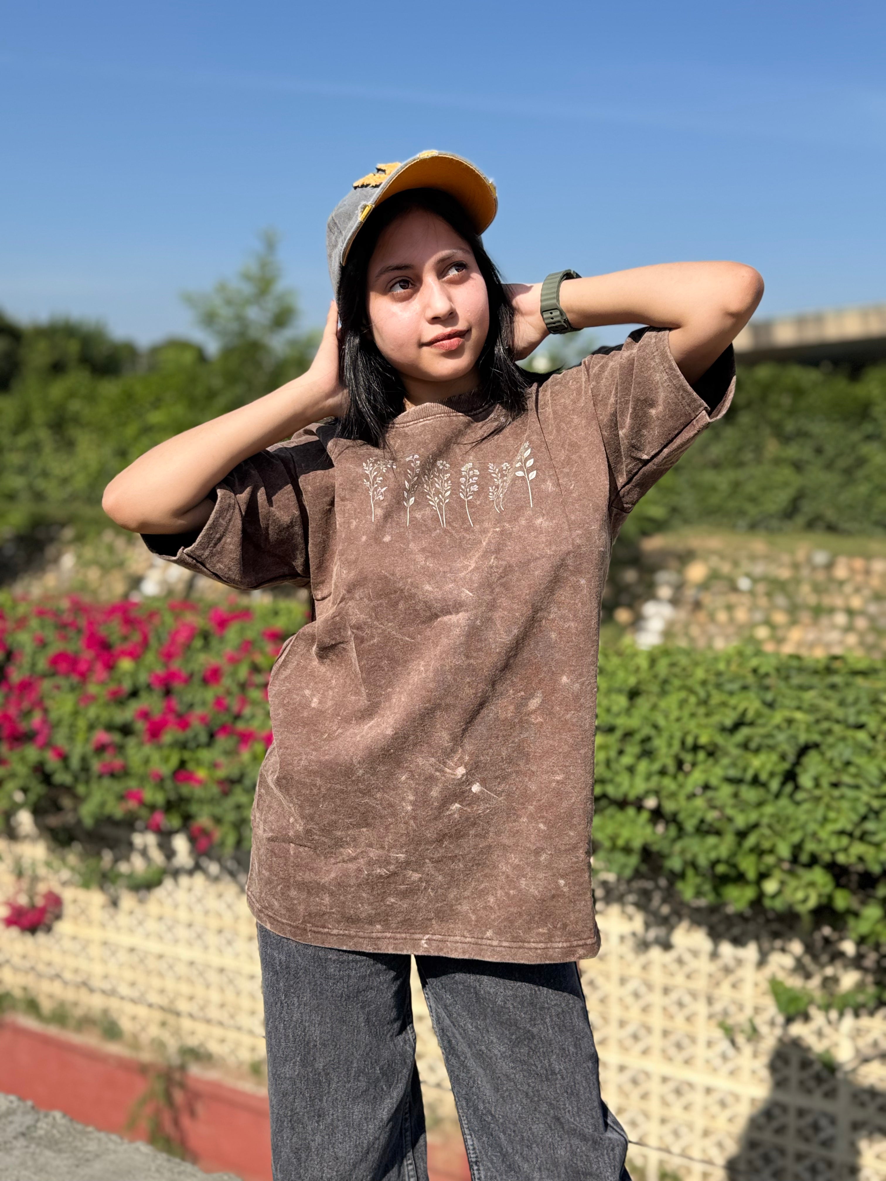 Desert Earth Acid Wash Oversized Tee – Botanical Print