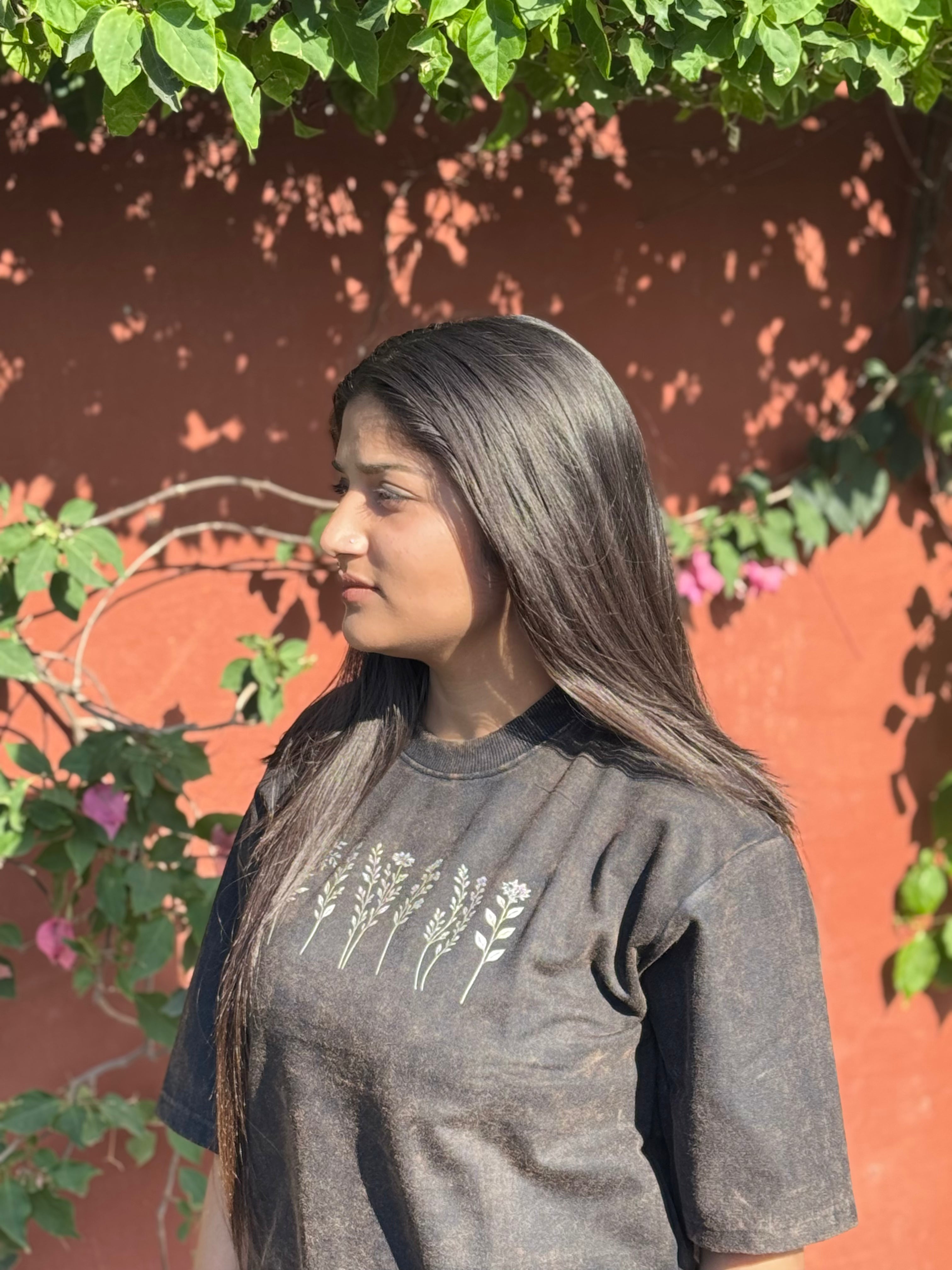 Desert Earth Acid Wash Oversized Tee – Botanical Print
