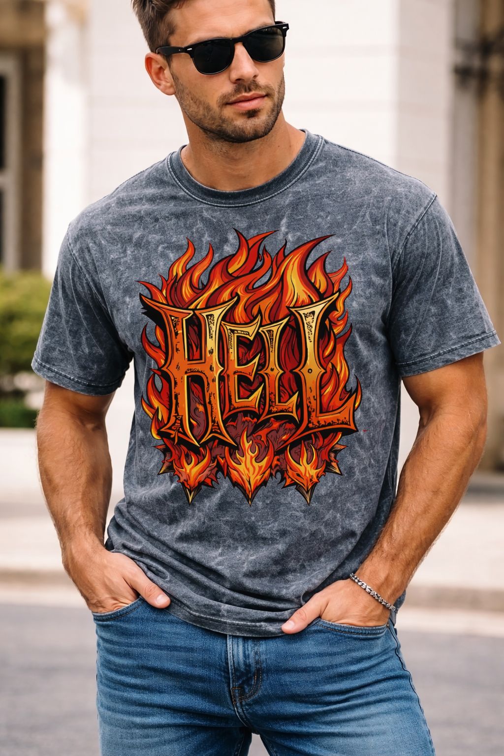 Hell Flames Oversized Acid Wash Tee