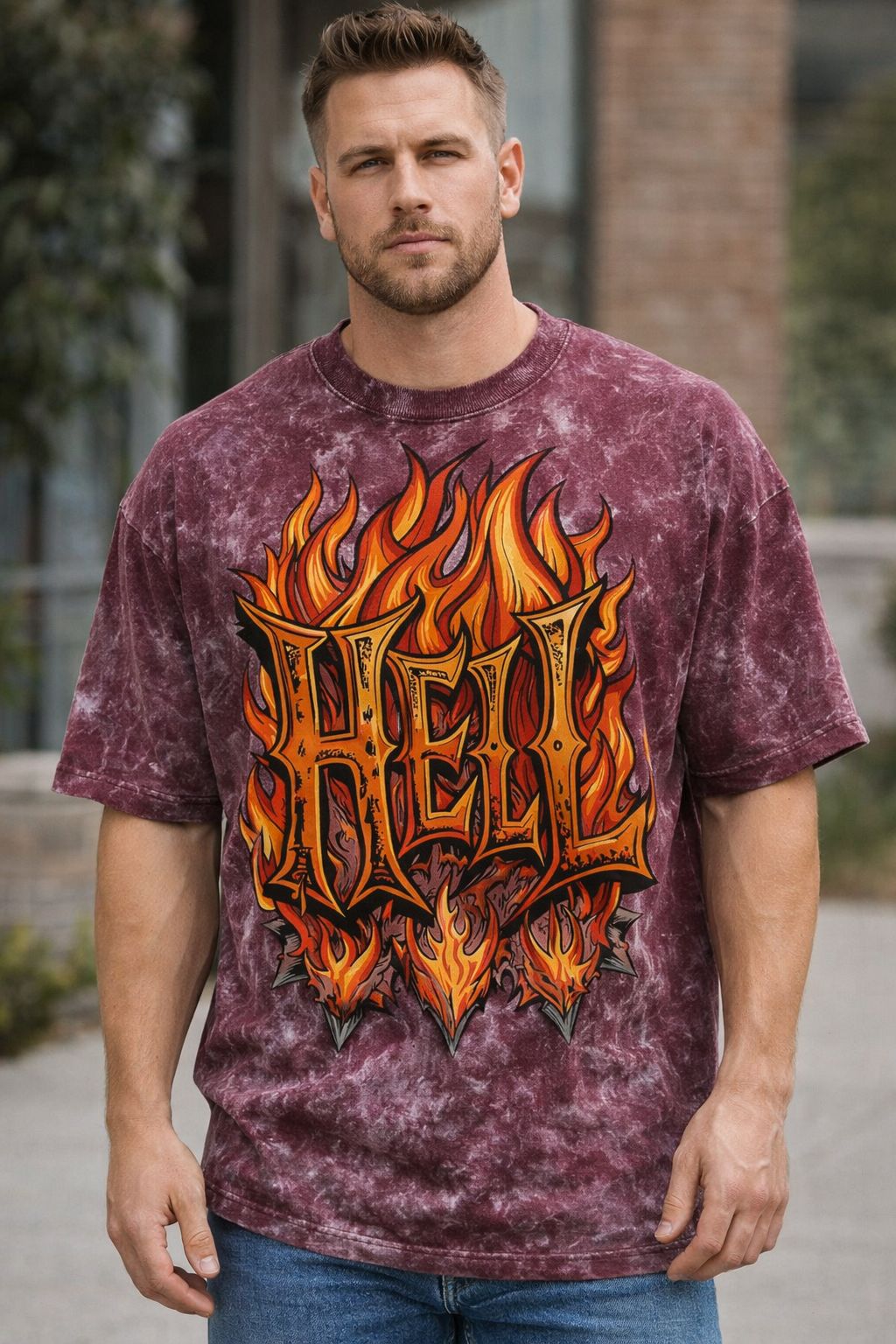 Hell Flames Oversized Acid Wash Tee