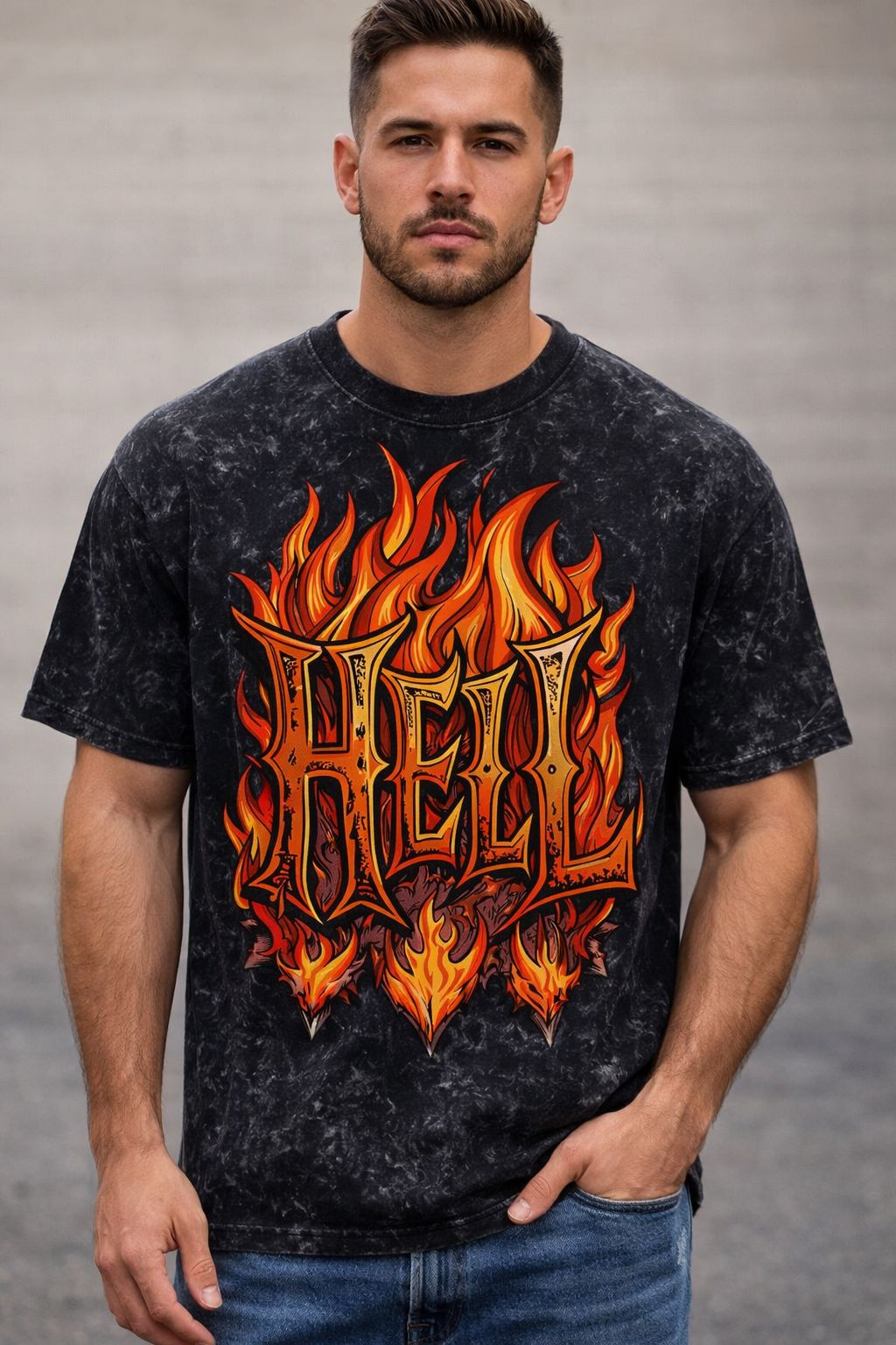 Hell Flames Oversized Acid Wash Tee