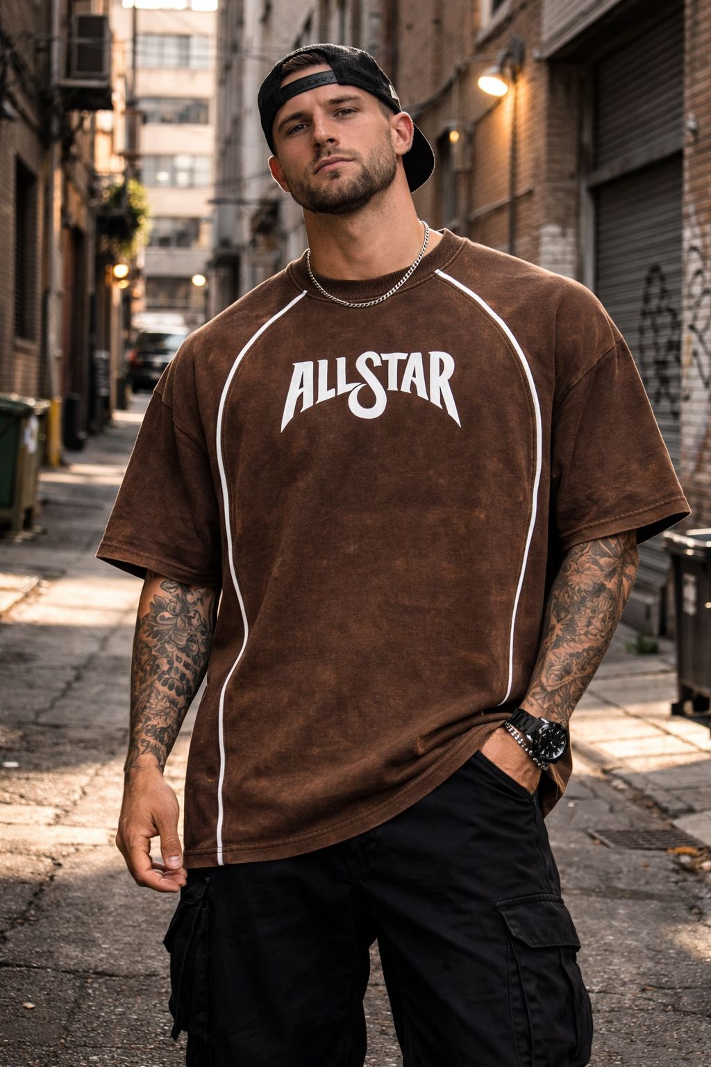 Allstar Piping Acid Wash Drop-Shoulder Tee
