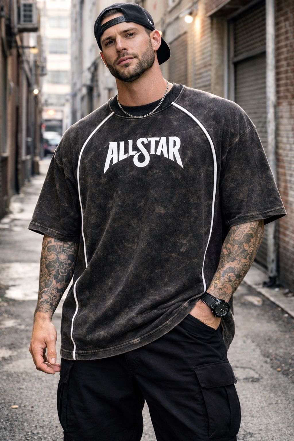Allstar Piping Acid Wash Drop-Shoulder Tee