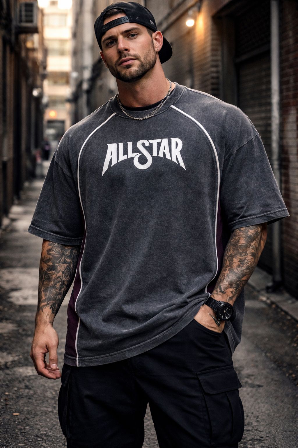 Allstar Piping Acid Wash Drop-Shoulder Tee