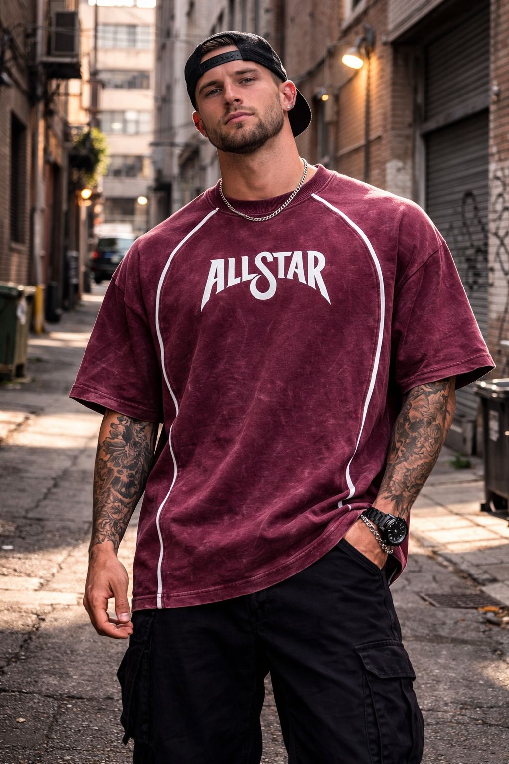 Allstar Piping Acid Wash Drop-Shoulder Tee