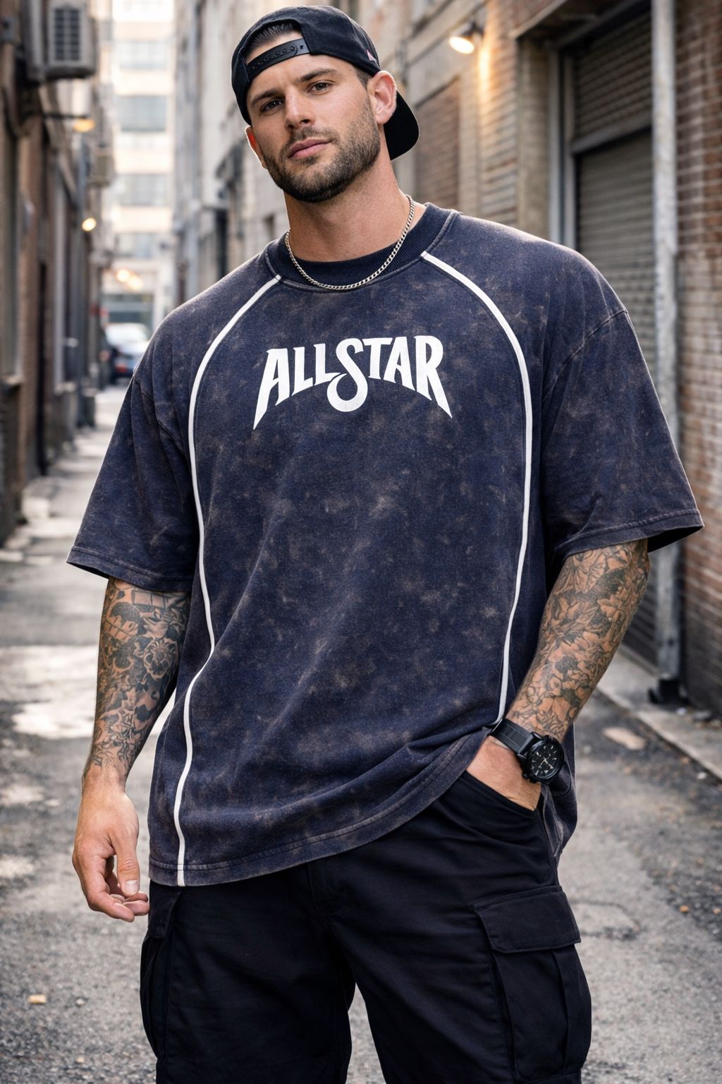 Allstar Piping Acid Wash Drop-Shoulder Tee