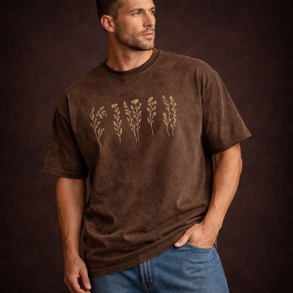 Desert Earth Acid Wash Oversized Tee – Botanical Print