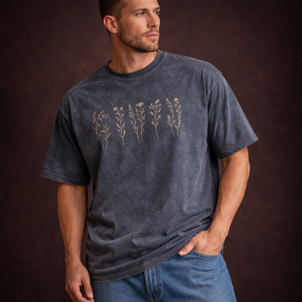 Desert Earth Acid Wash Oversized Tee – Botanical Print