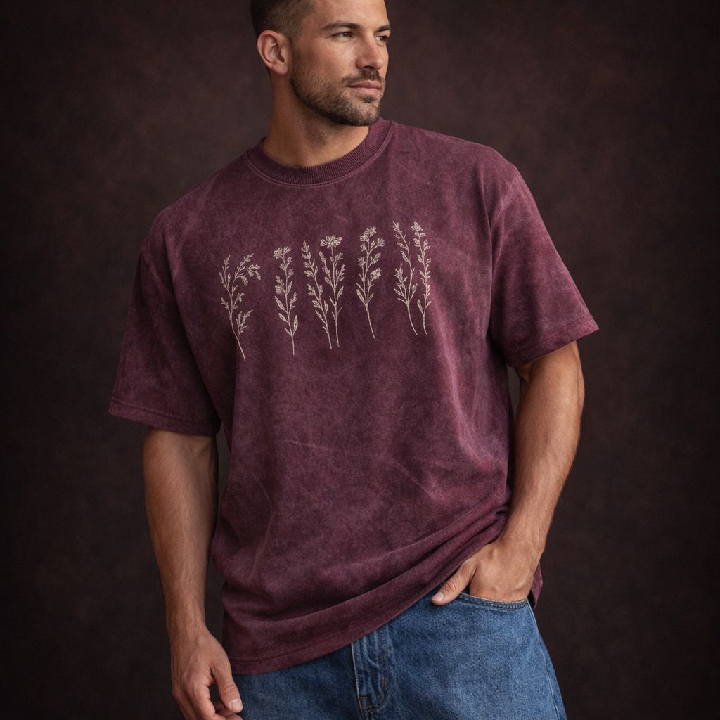 Desert Earth Acid Wash Oversized Tee – Botanical Print